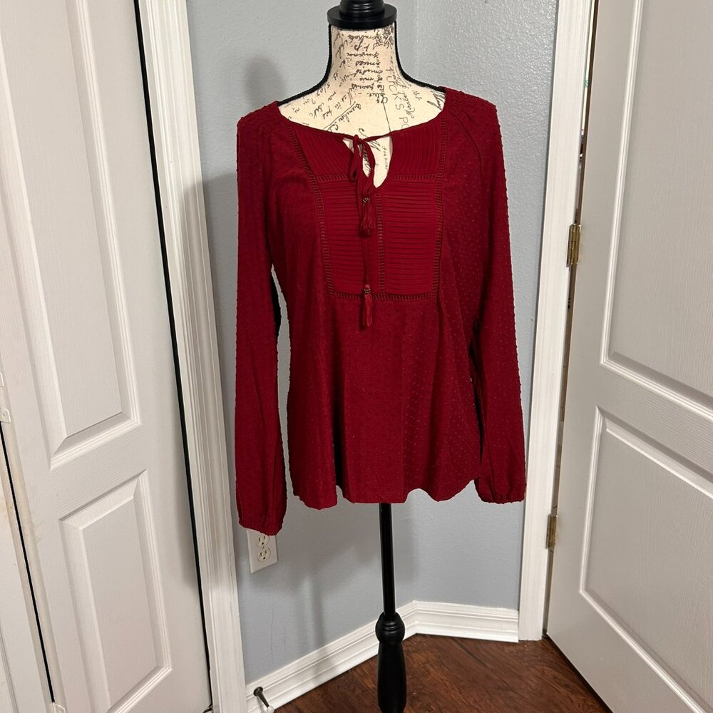 Daniel Rainn Burgundy Pleated Tassel Tie Knit Top Womens Large Boho